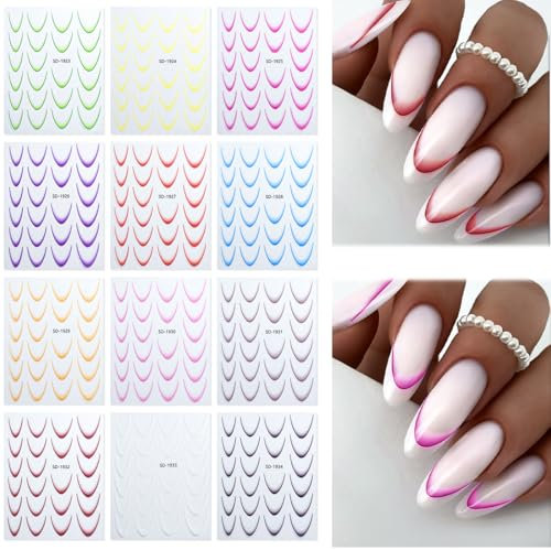 12 Fogli French Adesivi Per Manicure, Francese Adesivi Unghie Nails Art, Adesivi Per Unghie Sfumati French Manicure, Decorazioni Unghie Nails Art Disegni,Stickers Unghie Autoadesivi