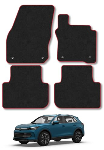 VW Tiguan (2024+) Car Mats Accessories Tailored Fit Carpet Floor Mats Non Slip Red Trim Accessory Compatible Front Rear Set Anti Slip Backing Custom Fit Hand-Finished Full Coverage Clips