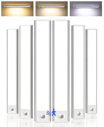 Under Cabinet Lighting, 12inch Rechargeable Motion Sensor Light Indoor, 2400mAh Battery Operated Closet Lights, with Dimmable & 3 Color Temps, Wireless Under Counter Lights for Kitchen,Stairs(6Pack) ﻿