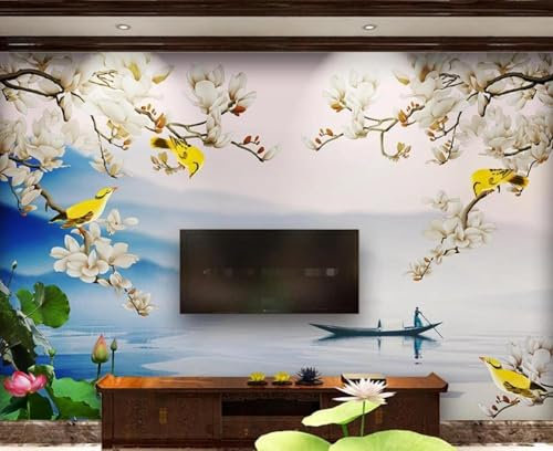 XLMING Magnolias Blancs Oiseaux Jaunes Fleurs De Lotus Bateaux 3D Papier Peint Décoration Manger Intérieure Salon Canapé Chambre Fond TV Mur-300cm×210cm