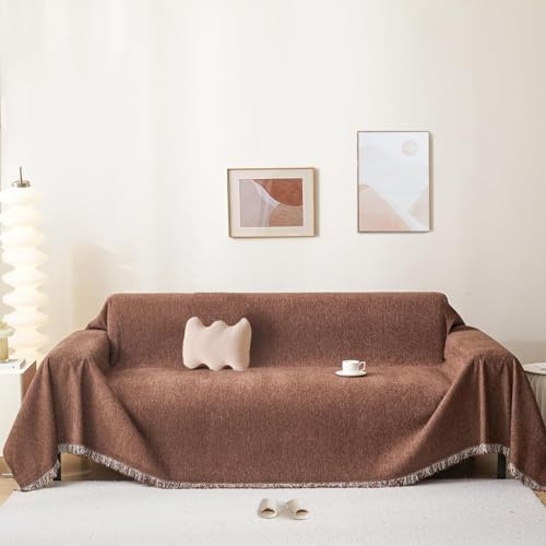 BUSVORES Sofa Überwurfdecke, Chenille Mit Fransen Sofabezug, AntiRutsch Couch Schutz für Haustiere Haare Kinder Hund Katze, Vielseitige Dekorative Sofaüberwurf für Familie(Braun, 180x230 cm)