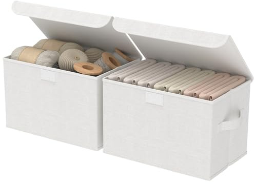 GUOHNHE Kisten Aufbewahrung für Schlafzimmer, Weiß, 30x23x20 cm, 2 Stück | Faltbare Stoffboxen mit Deckel, Ordnungssystem Kleiderschrank, Aufbewahrungskorb für Schlafzimmer, Kleideraufbewahrung