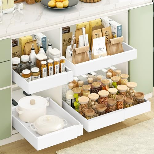 Mointal 2 Stück Erweiterbarer Ausziehbarer Schrank-Organizer, Küchen Teleskopschublade mit Kleber, Aufbewahrungs-Schubladen-Organizer für Küche/Bad, Breite 31-52cm, Tiefe 42cm, Höhe 7,5 cm, Weiß