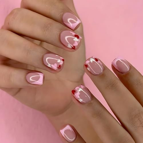 24pcs Short Square Press on Nails French Tip False Nails Pink Fake Nails Red White Heart Stick on Nails Removable Glue-on Acrylic Nail Tips Spring Summer Accessories for Women
