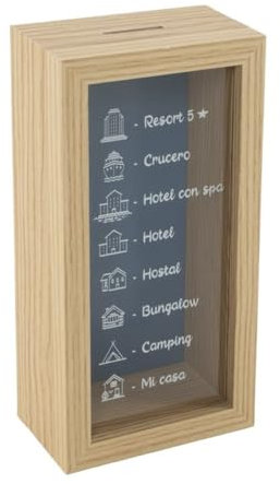 Hucha de Madera y Cristal, Torre de Ahorro, Varios Modelos, Viaje o multas de convivencia 20 x 10 x 6 cm (Resort 5*)