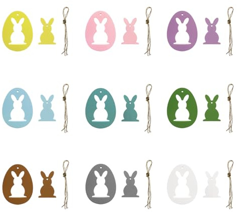 Oblique Unique 9er Set Holz Osterei und Osterhase Anhänger Hängedeko Ei Hasen Häschen Osterstrauß Deko Dekoration aus Echtholz für Ostern oder zum Basteln