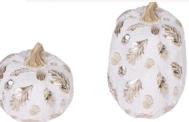 DN DECONATION Herbstdeko Kürbis 2er Set – Weiß Gold Deko Kürbisse aus Kunstharz, Zierkürbisse Dekoration mit Struktur & goldenen Details für Tisch, Eingang & Wohnzimmer zu Thanksgiving Erntedank