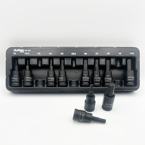 Buffalo Tools 11pcs 3/8 inch Hex Impact Socket Bit Set H2-H10 Allen Key, Durable Vanadium Steel, Rust Resistant Finish, 2mm-10mm Tool Set with Storage Tray