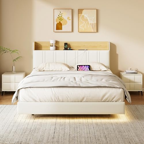 QMTXBYJ Polsterbett 140 x 200 cm,PU Bett Schwebebettrahmen mit LED-Leuchten und USB Anschlüsse,Bett 140x200 mit Stauraum,Schwebebett Bettrahmen,Weiß Modern Doppelbett mit Lattenrost