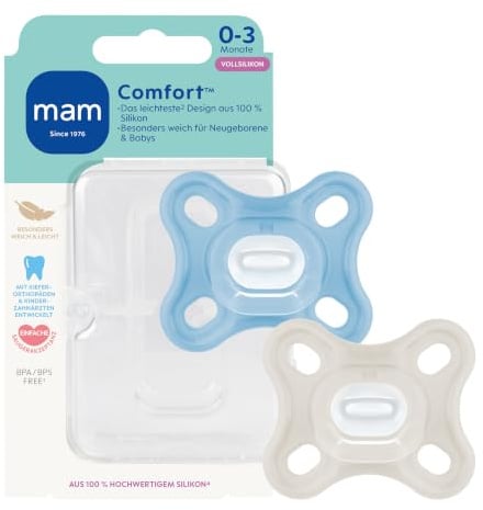 MAM Comfort Schnuller, 0-3 Monate, blau/beige, 2 Stück | Leichtester seiner Kategorie, extra kleines Schilddesign, zahnfreundlicher Sauger, inkl. Sterilisier- & Transportbox