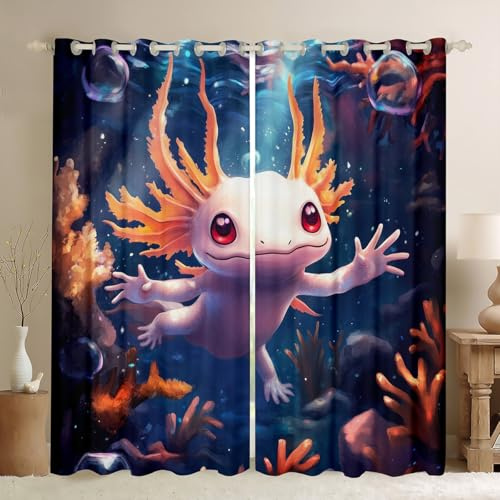 Homewish Cartoon Axolotl Verdunkelungsvorhänge Ocean Axolotl Fenstervorhang Süß Salamander Tier Gardinen 175x140(HxB) für Kinder Jungen Mädchen Unterwasserwelt Seetiere 2 Panels Vorhänge