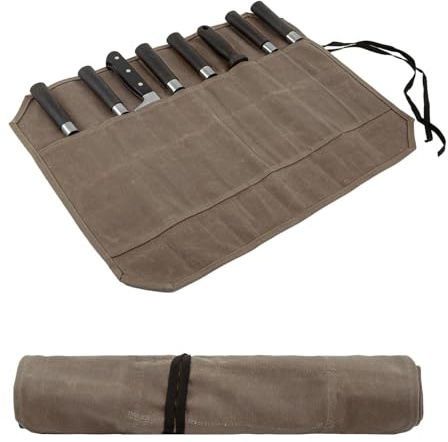 Knife Roll,Waxed Canvas Knife Bag,Heavy Duty Knife Case,Chef Knife Bag Roll with 8 Slots for Knives and Kitchen Tools,Knife Roll Bag For Chefs Culinary Traveling,Knives Pouch Holder Wrap (Coffee)
