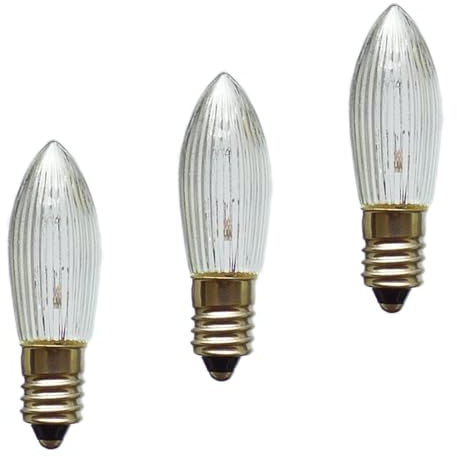 Erzgebirgslicht - AUSWAHL - 3x Topkerze Spitzkerze 8V 3W E10 für 30 Brennstellen Ersatzbirne Glühbirne Riffelkerze Glühlämpchen für Lichterketten und Schwibbogen (keine LED!)