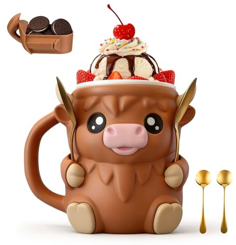 Wxeadu Highland Cow Ice Cream Holder, Ice Cream Pint Sleeves Cover with 2 Spoon & Handle, Highland Cow Ice Pint Holder with Drawer, Cute Animal ICES Creams Cooler Container, Highland Cow Lover Gifts