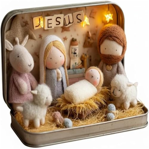 Hadghdf Handgefertigte Miniatur-Krippe in Blechdose mit LED-Beleuchtung, Heilige Familie & Jesusfiguren, Christliches Zuhause & Kirche, Geschenk für Freunde (1PCS)