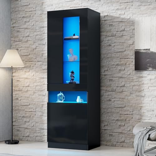 DUlVBPE Vitrine mit LED Beleuchtung Vitrinenschrank Standvitrine Stauraumvitrine Schrank Wohnzimmerschran Schwarz LED Vitrine Wohnzimmer Wohnwände Vitrinenschränke Schränke Buffet-Schran