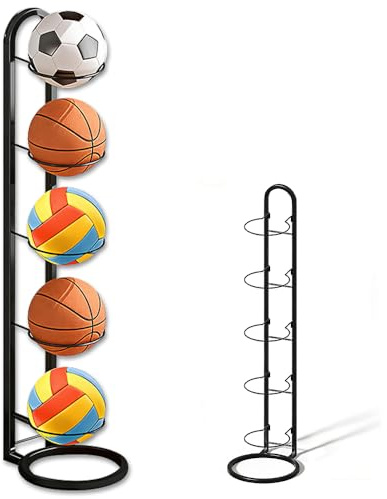RNPKZ Ballständer, 5 Stufiger Ball Aufbewahrung, Ballaufbewahrungsregal Basketball Holder, Abnehmbares Standing Rack Halter, Stehendes Ballregal für Basketball, Fußball, Volleyball, Rugby (Schwarz)