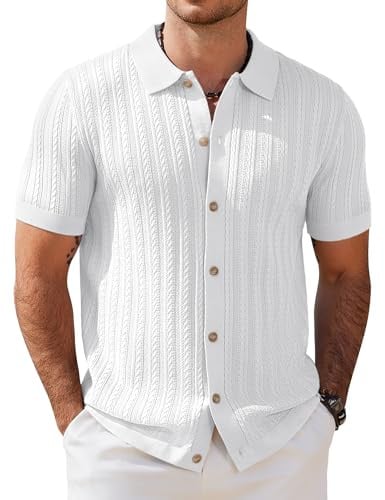COOFANDY Men's Short Sleeve Knitted Polo Shirts Stretch Cable Knit Full Button Golf Shirt Polo T-Shirt White L