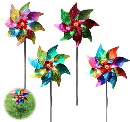 DOVBAN 4 Pièces Moulin à Vent Réfléchissant Répulsif Anti-Oiseaux - Déco Jardin pour Protéger Verger,Arbres et Cultures - Colorées