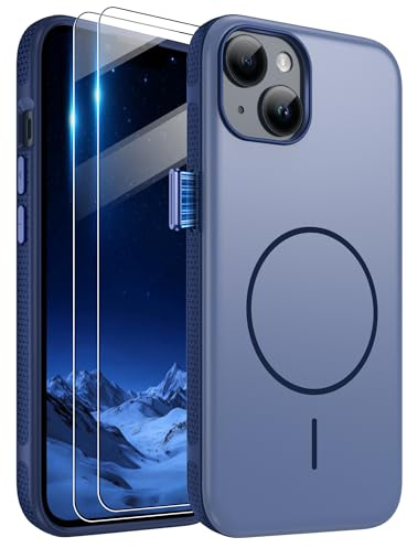 Pilaru Magnetic for iPhone 13/14 Phone Case (Metallic Buttons), Blue | [Compatible with MagSafe] 2 HD Screen Protector, Ultra-Comfortable Grip, Anti-Slip Edge, 12ft Shockproof Drop Protection