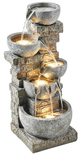Outsunny Outdoor Water Fountain with Warm LED Lights, 80cm Tall 5 Tiers Outdoor Cascading Water Feature for Garden Patio Porch Home Decor, Mixed