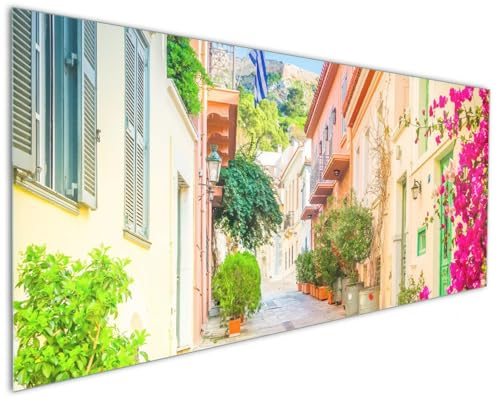 Wallario Küchenrückwand aus Glas 125 x 50 cm, Motiv: Mediterrane Straße im Blütenrausch | Spritzschutz abwischbar & pflegeleicht