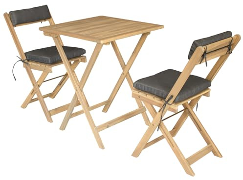 Happy Garden Benagil Set aus Tisch und Stühlen, 2-Sitzer, Akazie, mit grauen Kissen, zusammenklappbar