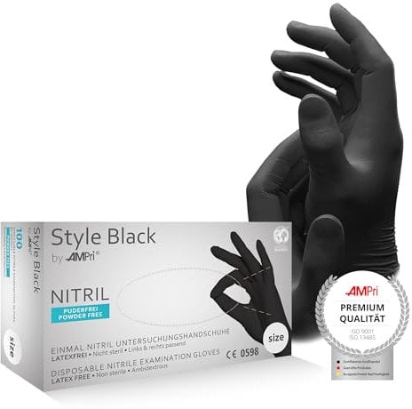 AMPri Nitrilhandschuhe, schwarz, 100 Stück/Box, Größe S, puderfrei, Style Black by Med-Comfort: Nitril Einmalhandschuhe, Einweghandschuhe in den Größen XS, S, M, L, XL, XXL