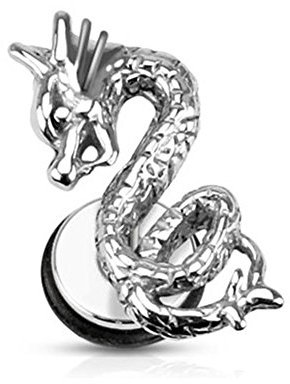 Faux écarteur Paula and Fritz en acier inoxydable chirurgical 316L avec motif dragon et fermoir à visser