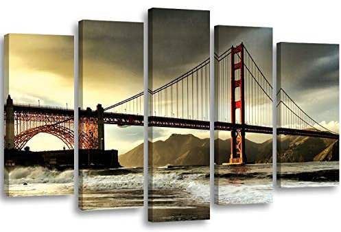 Feeby Bilder San Francisco Golden Gate Bridge XXL 5-Teilig Typ A 200x100 cm Wohnzimmer Schlafzimmer Büro Flur Küche Leinwandbilder Modern Bild auf Leinwand Kunstdruck Design Sonnenuntergang Orange