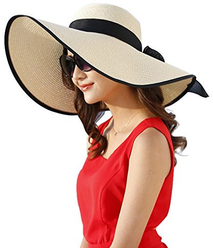 DRESHOW Femme Capeline Chapeau de Paille Chapeau à Large Bord Casquettes Anti-Soleil Respirant Anti UV Chapeau de Paille Plage Chapeau de Soleil UPF,Taille unique,ecru-Ivoire