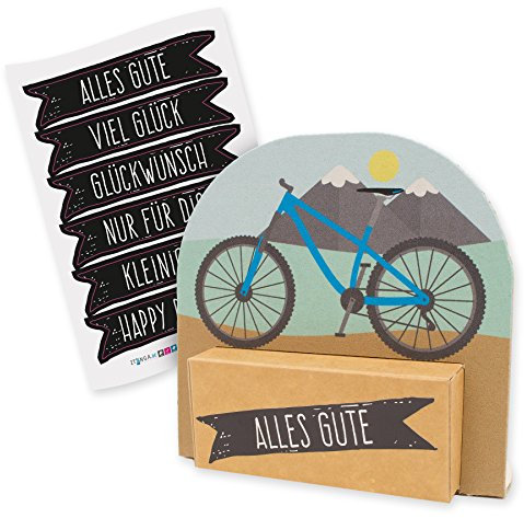 itenga Geldgeschenk oder Gastgeschenk Verpackung Fahrrad Mountainbike modern mit Stickerbogen aus Karton 12x11,5cm