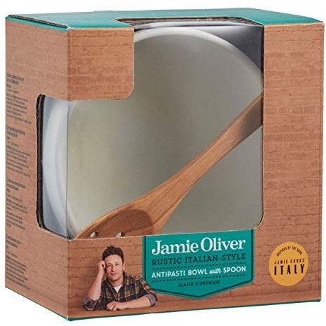 Jamie Oliver Rustic Italian Antipasti-Schälchen mit Holzlöffel, 2-TLG, Schale und Löffel, Servierschale, Serviergeschirr, Steingut/Ulmenholz, Milchweiß, Ø 11 cm, 556905