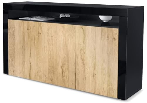 Vladon Sideboard Valencia, Made in Germany, Kommode mit 3 Türen und 1 offenem Fach, Schwarz matt/Eiche Natur/Schwarz Hochglanz (155 x 92 x 40 cm)