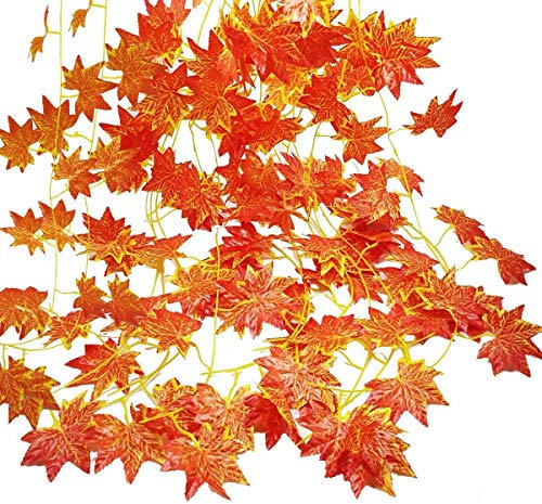 LANGING 12 hebras de hojas de arce artificiales de arce rojo, hiedra verde, para decoración de otoño