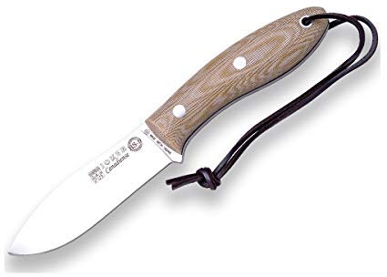 Joker Überlebensmesser Canadiense CM114, Gürtelmesser mit brauner Canvas-Micarta-Griff, 10,5 cm Klinge aus SANDVIK 14C28N, braune Lederscheide, Werkzeug zum Angeln, Jagen, Camping und Wandern