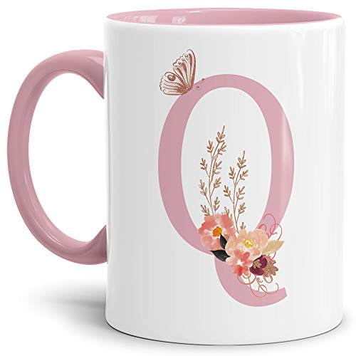 Tassendruck Buchstaben-Tasse mit Blumen - Buchstabe Q - Innen & Henkel Rosa - Mug/Cup/Becher/Edel/Geschenk-Idee/Beste Qualität - 25 Jahre Erfahrung