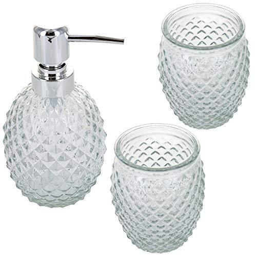 G Decor Designer 3-Piece Modern Diamond Cut Clear Glass and Chrome Bathroom Accessory Set, Includes Liquid Soap or Lotion Dispenser, Toothbrush Holder, Tumbler