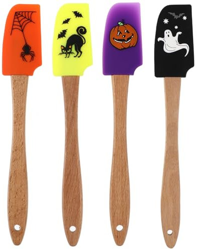 DOITOOL - Spatola in silicone per Halloween con manico in legno per pentole antiaderenti e cottura (fantasma + gatto nero + zucca + ragno)