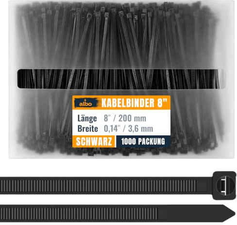 1000X Kabelbinder wiederverschließbar Schwarz 200 mm, UV-beständig, 18 Kg | Nylon PA66, 3,6 mm breit, max. Bündel-Ø 54 mm; Temperaturbereich -30 bis +90 °C, für innen & außen.