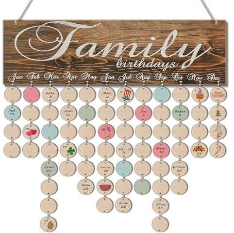 Flexzion Familiengeburtstagsplakette mit Tags DIY Holz Geburtstagskalender Wandbehang Familie Plaque Erinnerung 50 Tags (rund) Geburtstagstafel Chips