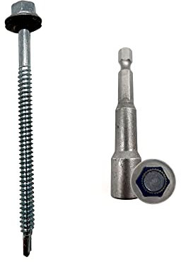 DOJA Industrial | Tornillos Autotaladrantes 6,3x100 + Vaso Taladro M10 | PACK 50 de Tornillo Autoperforante Autorroscante Hexagonal + 1 Llave de Vaso Torx | Para Chapas Metalicas, Tejado, Aluminio.