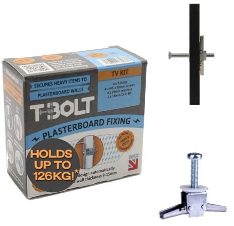 T-Bolt, robuste Gipskartonbefestigung, Multipack, 12 Stück, hält bis zu 65 kg pro Befestigung. Gipskartonplatten, Trockenbau, Hohlwand, strapazierfähig, Bohrer, TV-Kit