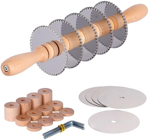 Tagliapasta Rodillo ajustable | Cortador de hojaldre profesional con 5 cuchillas lisas + 5 cuchillas dentadas de acero inoxidable y espaciadores