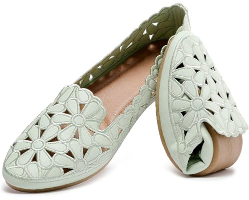 HEAWISH Women's Floral Ballet Flats for Women Black Beige Slip On Flowers PU Leather Round Toe Dress Shoes, Light Green, 5.5 UK