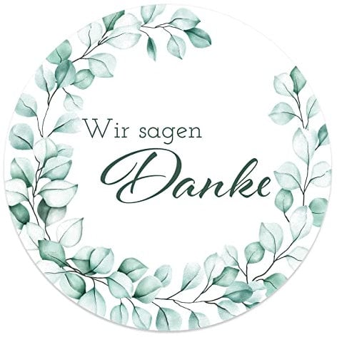 Danke Aufkleber rund 4,5 cm - Wir sagen Danke Sticker ideal für Hochzeit, Geburtstag, Dankeskarten & Give Aways (80x Stück, Eukalyptus Kranz)
