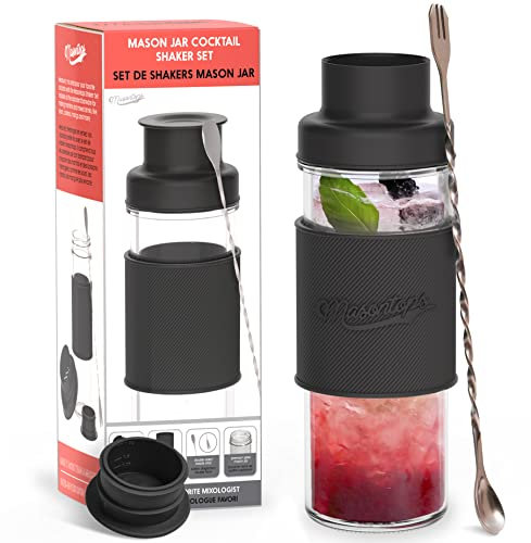 Masontops Cocktail Shaker Set - Glas Mason Jar Drink Shaker - 4 Stk Set mit Mixstab aus Metall