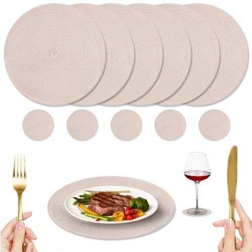 NAKIHOUSE 12er Set Tischsets Weihnachten Rund Beige Platzstes, Gewebte Tischsets Abwaschbar Platzsets mit Untersetzer, Hitzebeständig rutschfest Platzdeckchen für Hochzeit, Fest-34cm