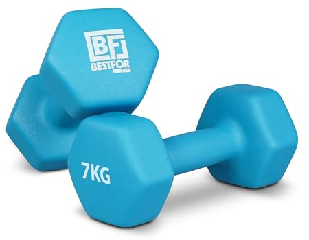 Bestfor Pair of 7kg Hex Anti Roll Non Slip Neoprene Dumbbell Weights For Exercise, Fitness, Workouts, Lifting with Exercise Chart