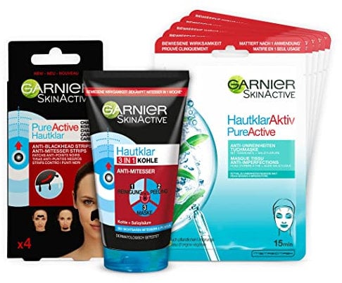 Garnier Gesichtspflege Set gegen Mitesser, Mit 3in1 Reinigung, Peeling und Maske, Mitesser-Strips und Tuchmaske, Für reine und mattierte Haut, SkinActive Mitesser SOS Set, 3-teilig